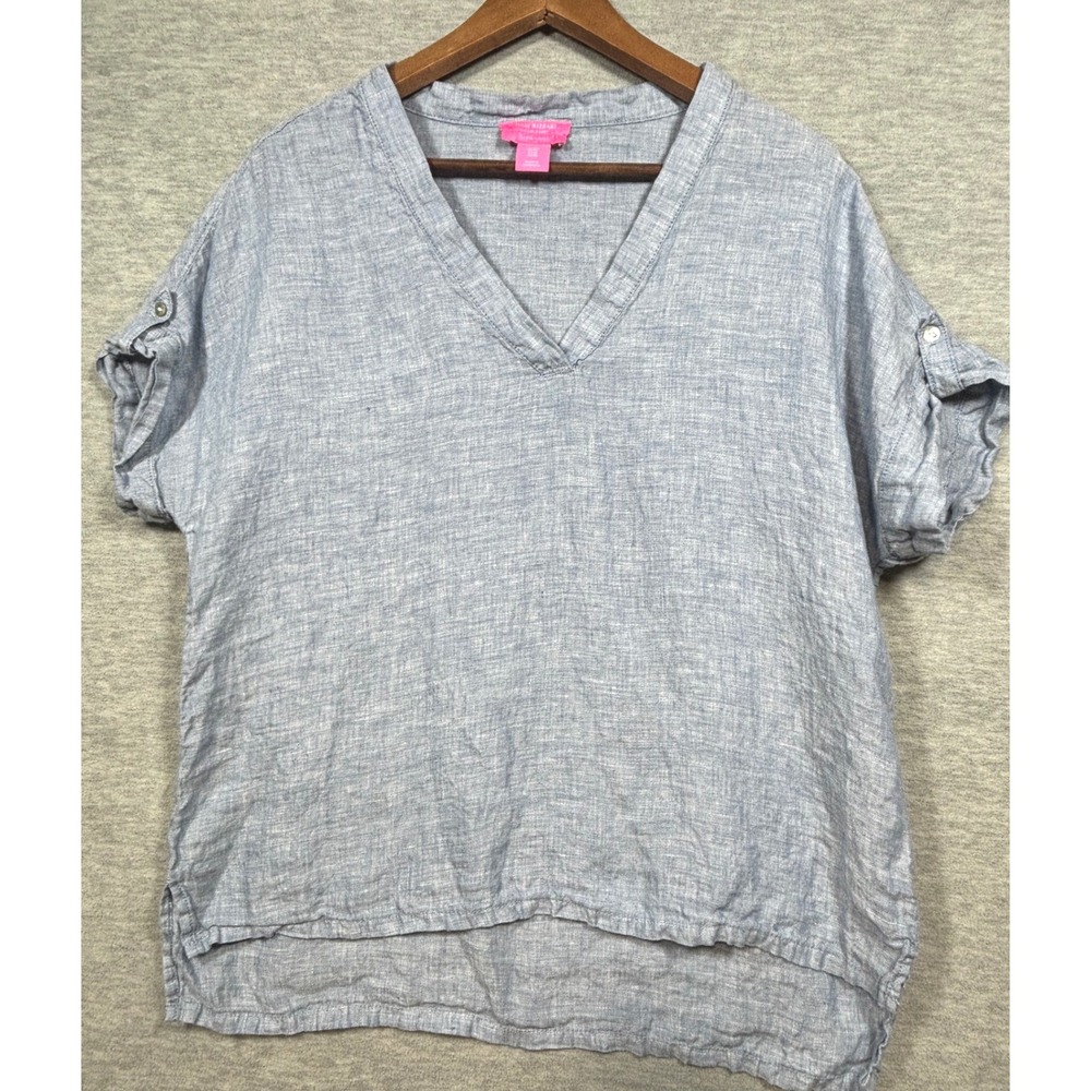 Isaac Mizrahi Womens Top M Linen V Neck Short Sleeve Blouse Blue Lagenlook